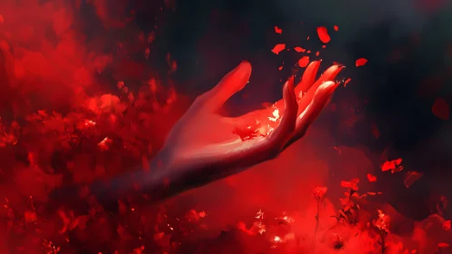 Dramatic red digital hand scattering petals in dark void
