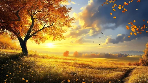 Autumn tree and sunlit field under partly cloudy sky.