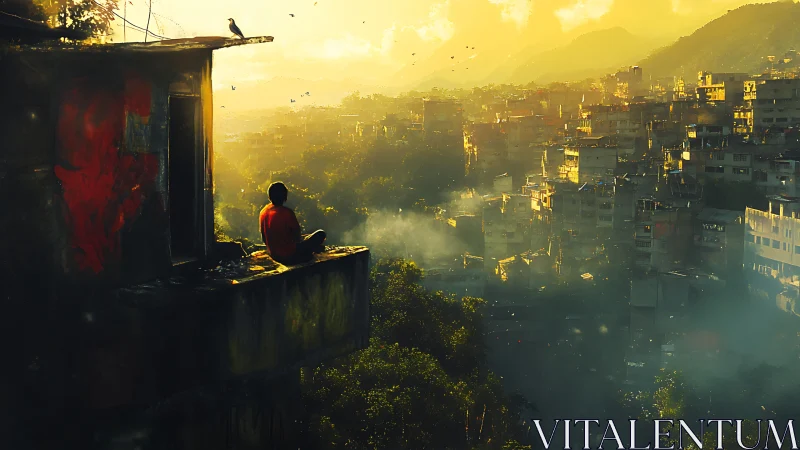 Solitary child on balcony overlooking sunlit hillside city