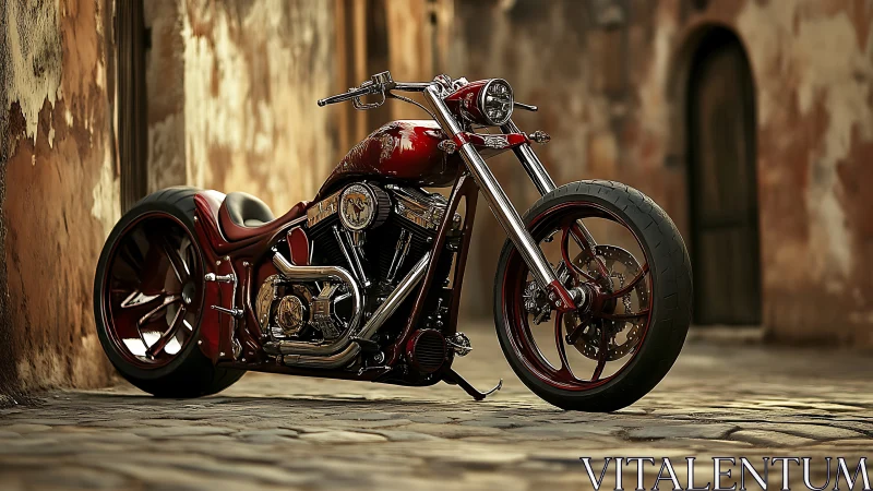 Custom red chopper motorcycle on cobblestone street at dusk.