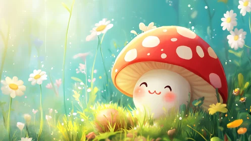 Soft-lit kawaii mushroom character under stylized red toadstool cap