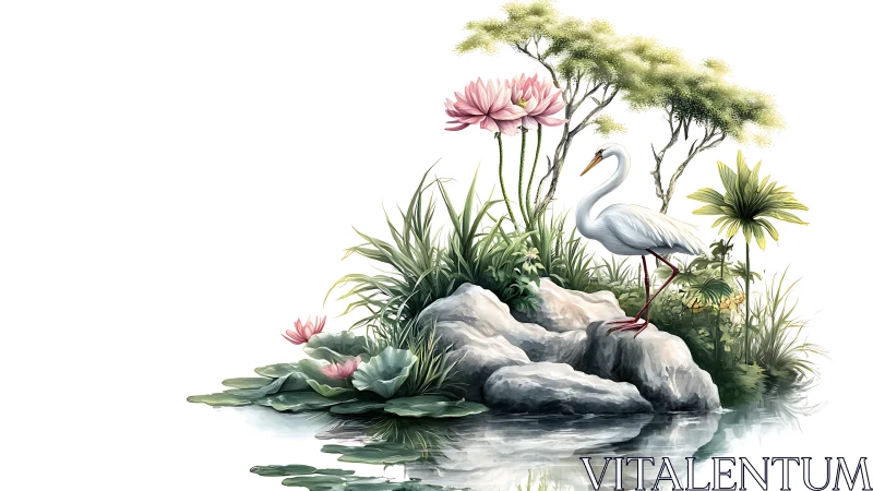 Elegant White Heron by Lotus Pond in Tranquil Watercolor Style.
