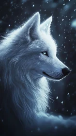 Majestic white wolf gazes through a softly falling winter snow