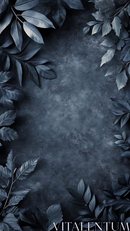 Dark botanical frame with monochrome leaves on textured ground.