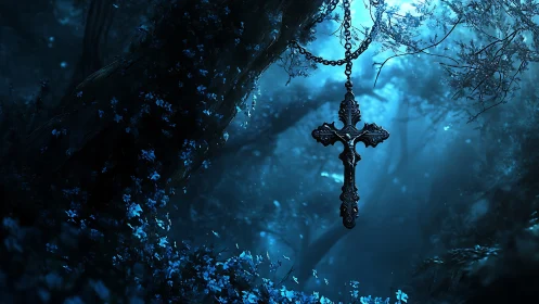 Ornate metal cross pendant hangs in moonlit blue forest night