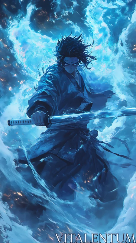 Samurai warrior wielding katana in swirling blue energy.