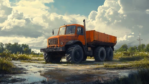 Weathered orange dump truck dominates muddy rural landscape