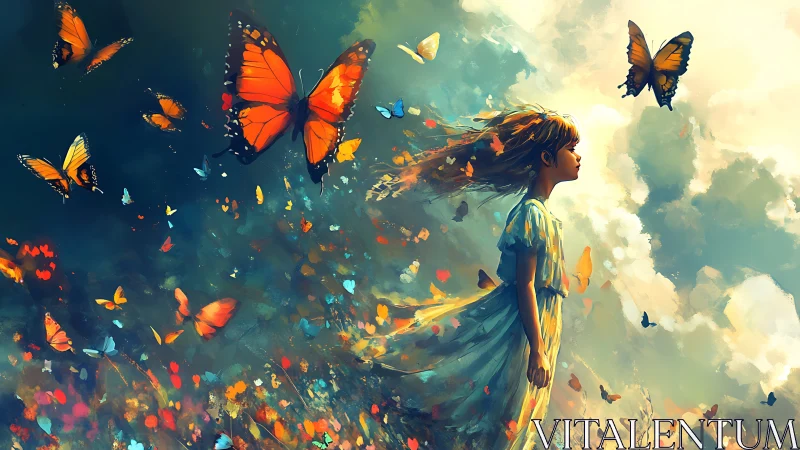 Girl in wildflower field watches glowing monarch butterflies.