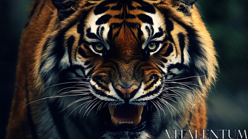 Roaring Bengal tiger in cinematic low-key portrait lighting.