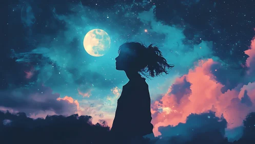 Silhouetted figure stands before moonlit, color rich sky