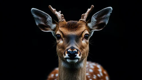Deer faces camera in sharp frontal portrait on black background
