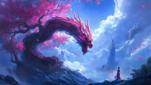 Blossom dragon spirit coils above a lone wanderer.