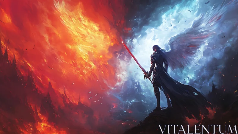 Winged armored figure holds glowing sword between fire and ice