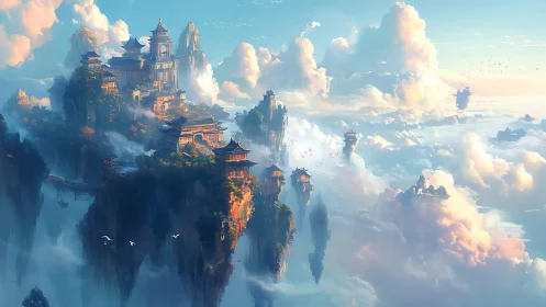 Floating mountain temples in layered daylight cloudscape.