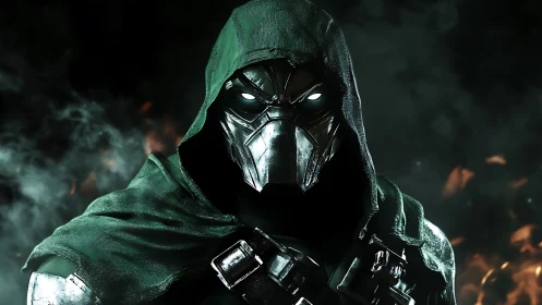 Hooded armored figure with metallic mask in dark setting.