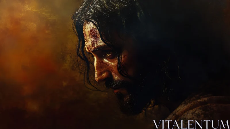 Brooding wounded man emerges from shadows in warm light.