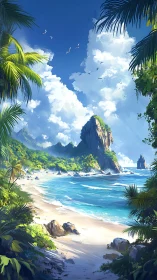 Tropical Paradise: Digital Rendering of Island Cove with Cliff Formation.