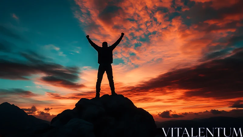 Silhouette atop rocky peak under blazing sunset sky.