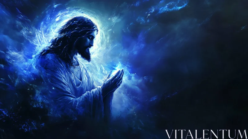 Luminous saint cradles a blue cosmic spark in silent prayer.