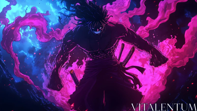 Sword-wielding figure in purple energy aura against dark sky.