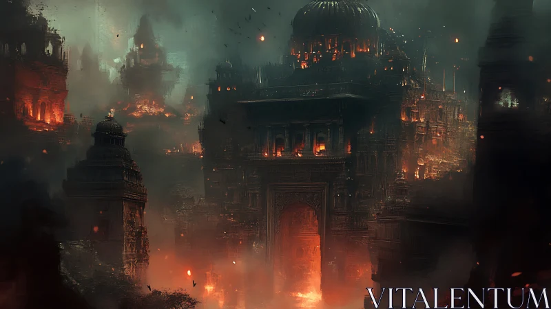 Burning fantasy citadel under smoky apocalyptic sky.