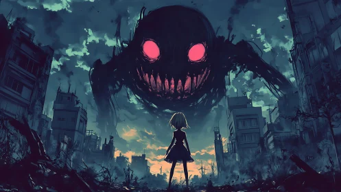 Silhouetted figure facing hovering entity in ruined cityscape.