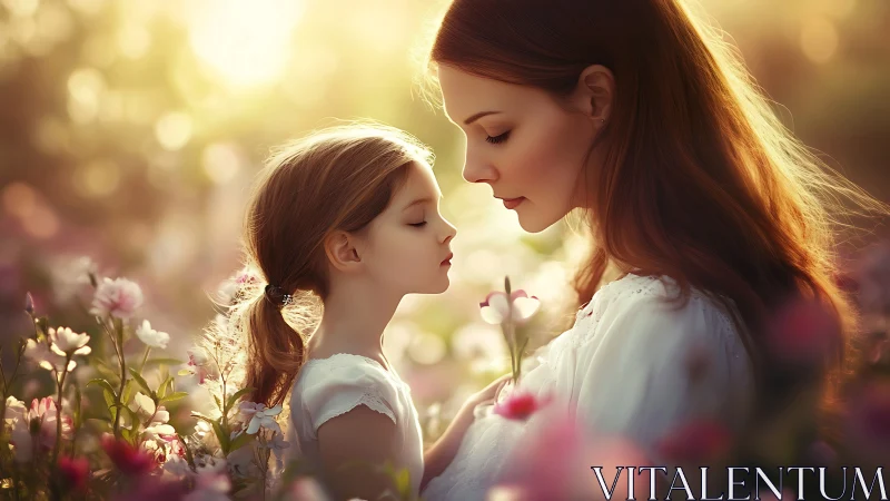 Soft-focus photorealistic portrait of mother and daughter in bloom.