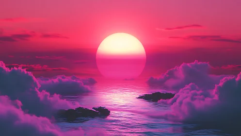 Neon magenta ocean horizon with oversized solar disc at dusk