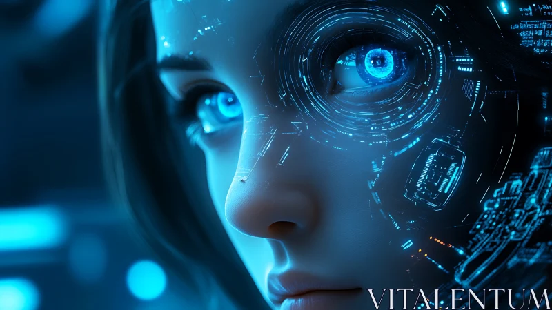 Cybernetic gaze of blue-eyed android in neon circuitry vision.