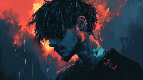 Moody side profile of young man in cyan orange rim lighting