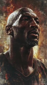 Stoic basketball portrait radiates grit in fiery textures
