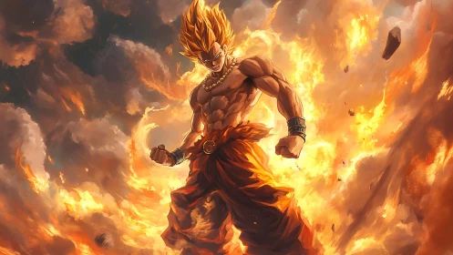 Fiery anime warrior glowing with unstoppable power and heart.