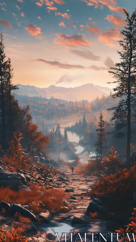 Autumn mountain trail with misty river under pastel sunrise.