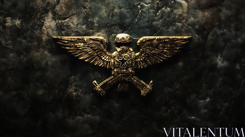 Golden winged skull emblem rests against dark textured wall