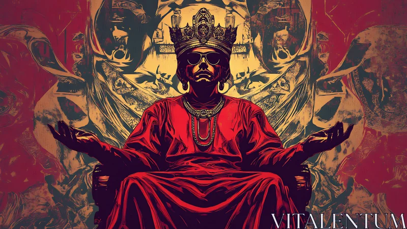 Bold modern monarch sits in radiant red royal confidence