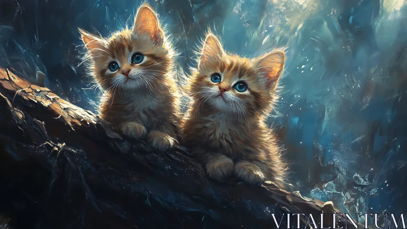 Two domestic felines positioned on charred branch structure.