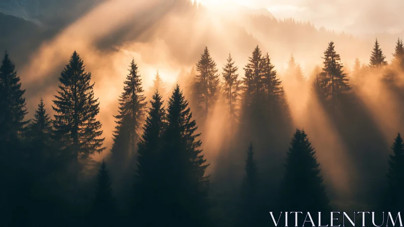 Golden sunrise rays embracing a tranquil misty forest.