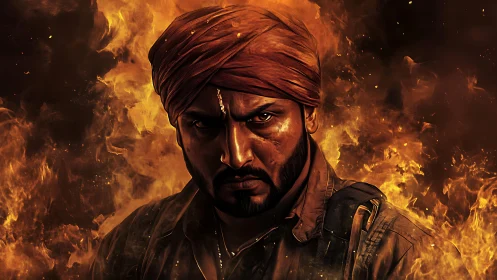 Digital warrior portrait framed by blazing firestorm.