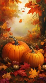 Golden pumpkins glow amid vibrant autumn forest leaves.