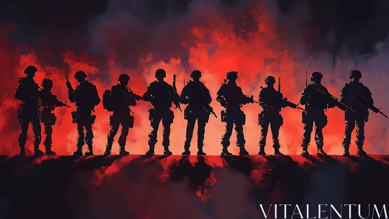 Silhouetted soldiers stand united before a burning horizon