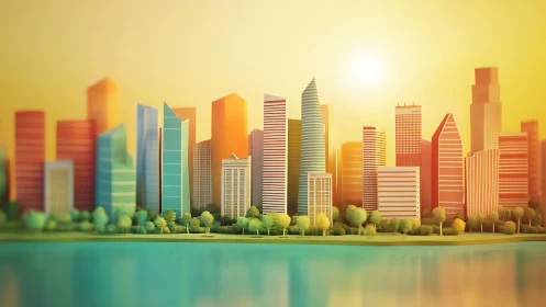 Sunlit stylized waterfront skyline with geometric high-rises