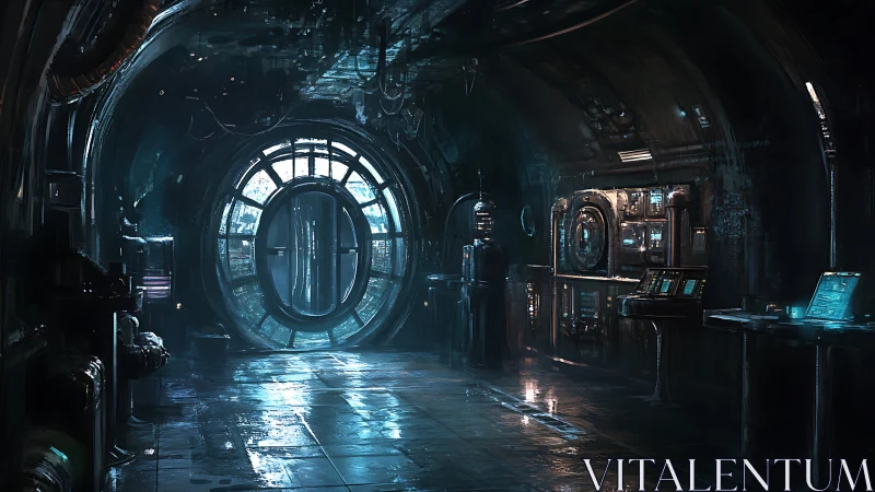 Cylindrical deep-space corridor with luminescent airlock portal.