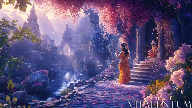 Divine riverside temple garden under dusky blossom light.