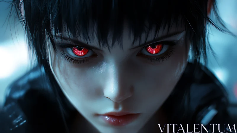 Cybernetic gaze with crimson irises in cold blue light.