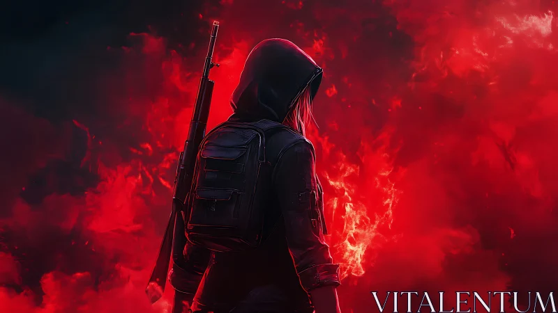 Hooded rebel walks through scarlet smoke and silent fire.