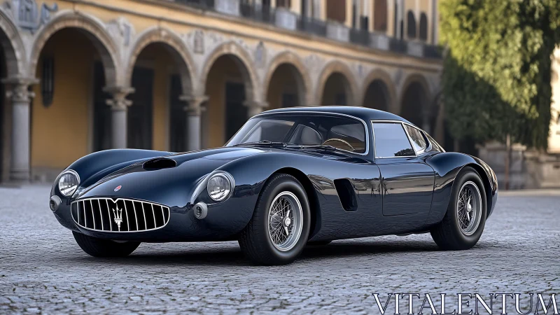 Vintage dark coupe parked on cobblestone plaza in city.