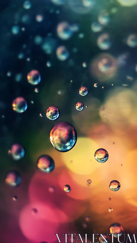 Suspended water droplets magnify abstract bokeh color fields