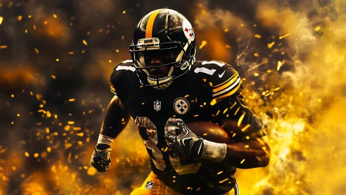 American football player in black uniform amid yellow sparks.