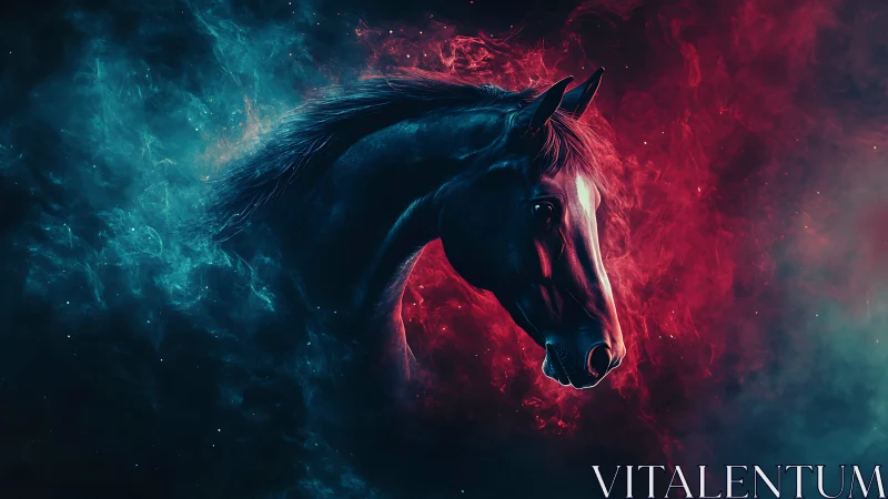 Stallion emerges through neon cosmic mist in vivid contrast
