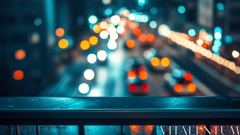 Defocused night traffic bokeh behind wet urban bridge railing